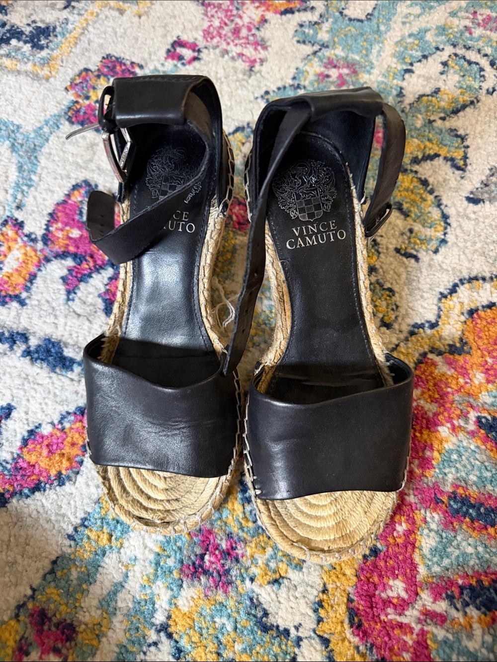 Vince Camuto Black Leather Espadrille Wedge Sandals with Ankle Strap
